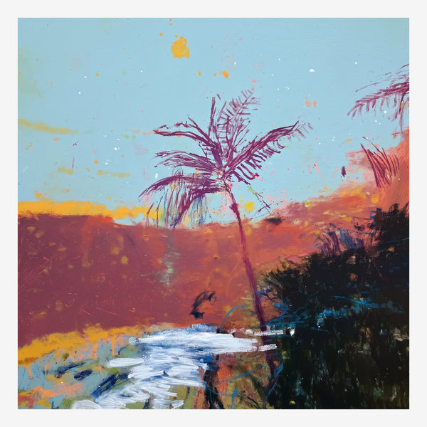 Original tropical beach painting, wine red palm and burnt orange shore with flicked paint sky
