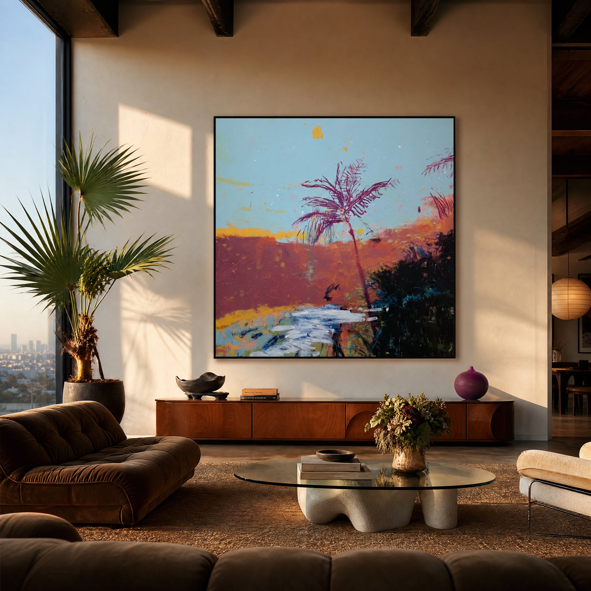 Large original tropical beach painting filling a wall in a styled interior
