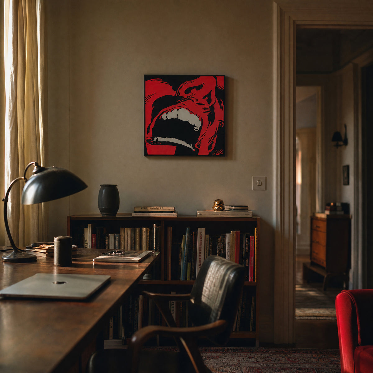 Small original painting Hard work hanging in a styled interior