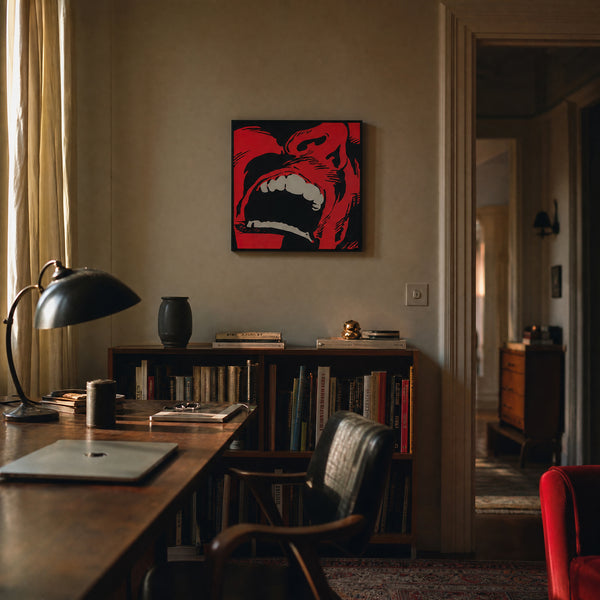 Small original painting Hard work hanging in a styled interior
