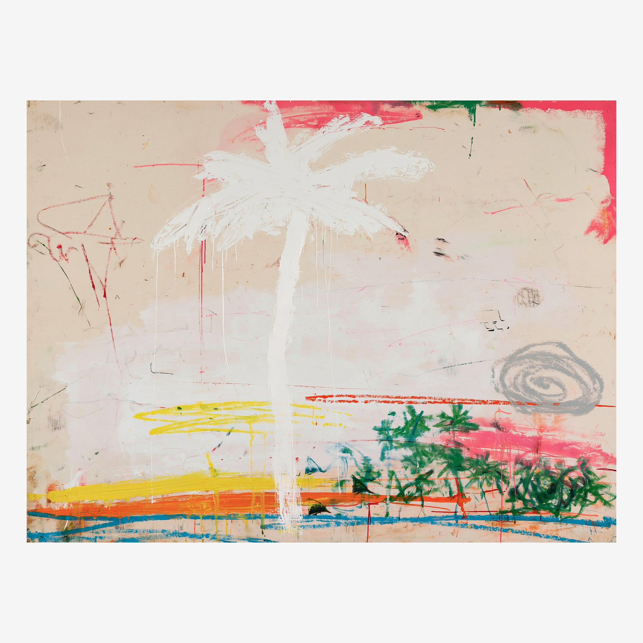 Original minimal palm painting, white palm on pale ground with bands of yellow and orange
