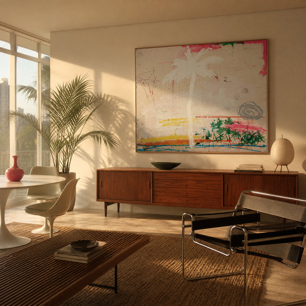 Large original minimal palm painting filling a wall in a styled interior