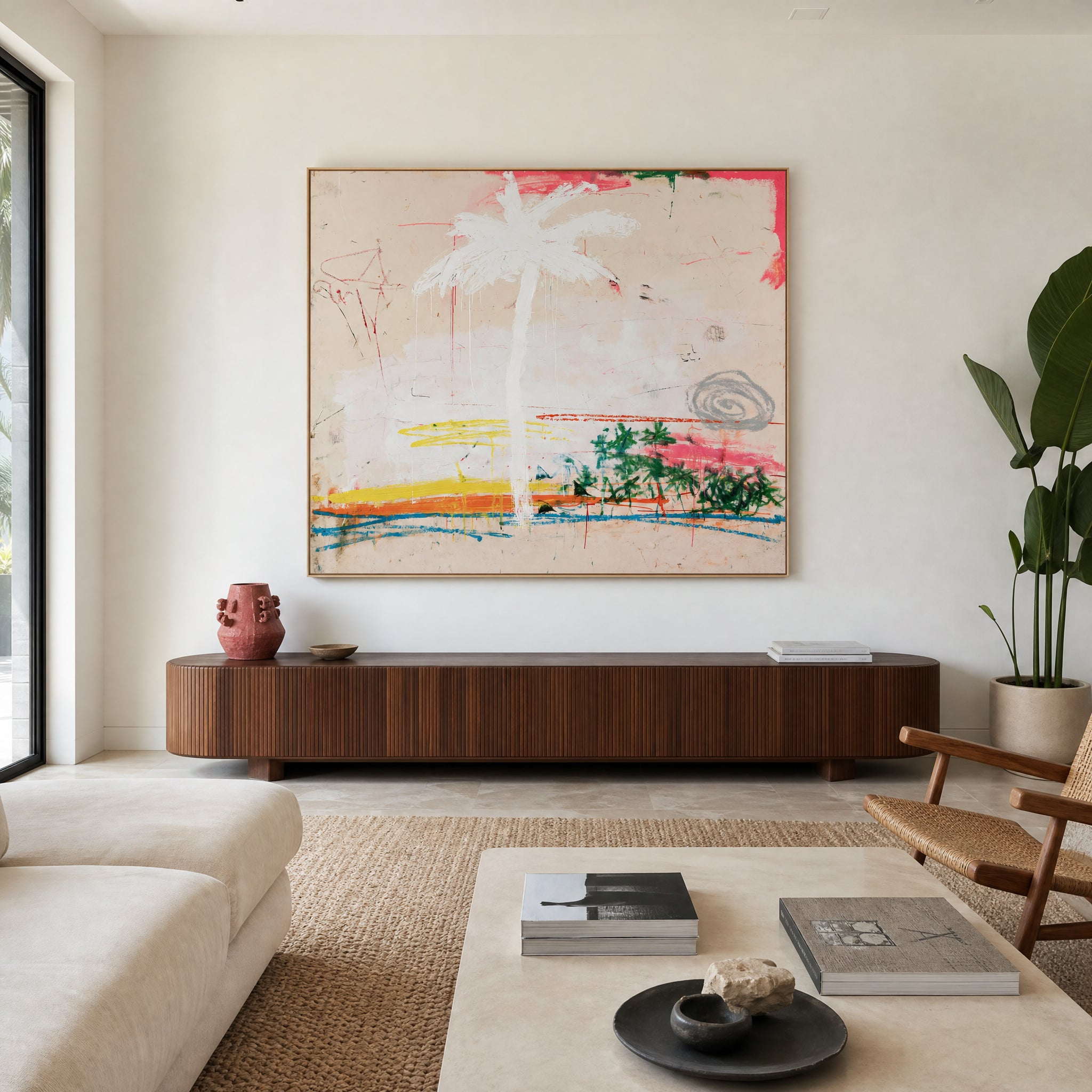 Medium original minimal palm painting on the wall of a styled room