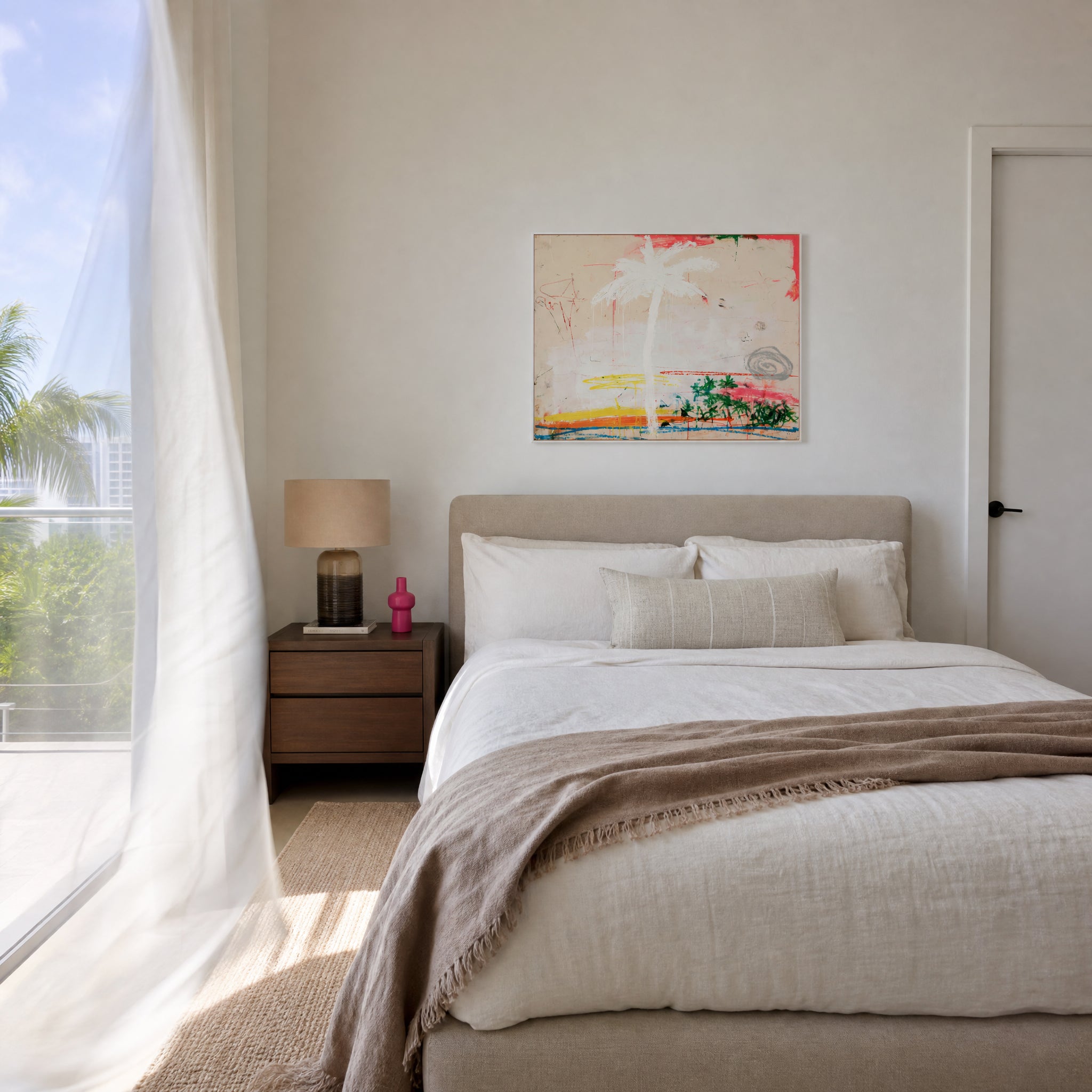Small original minimal palm painting hanging in a styled interior
