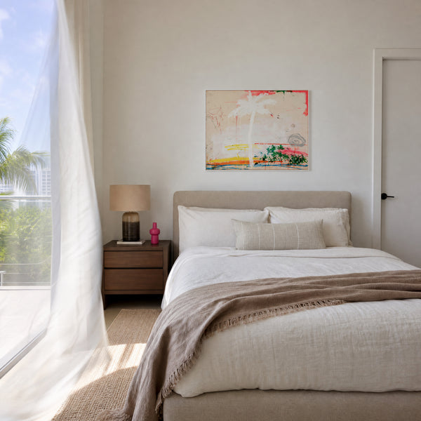 Small original minimal palm painting hanging in a styled interior
