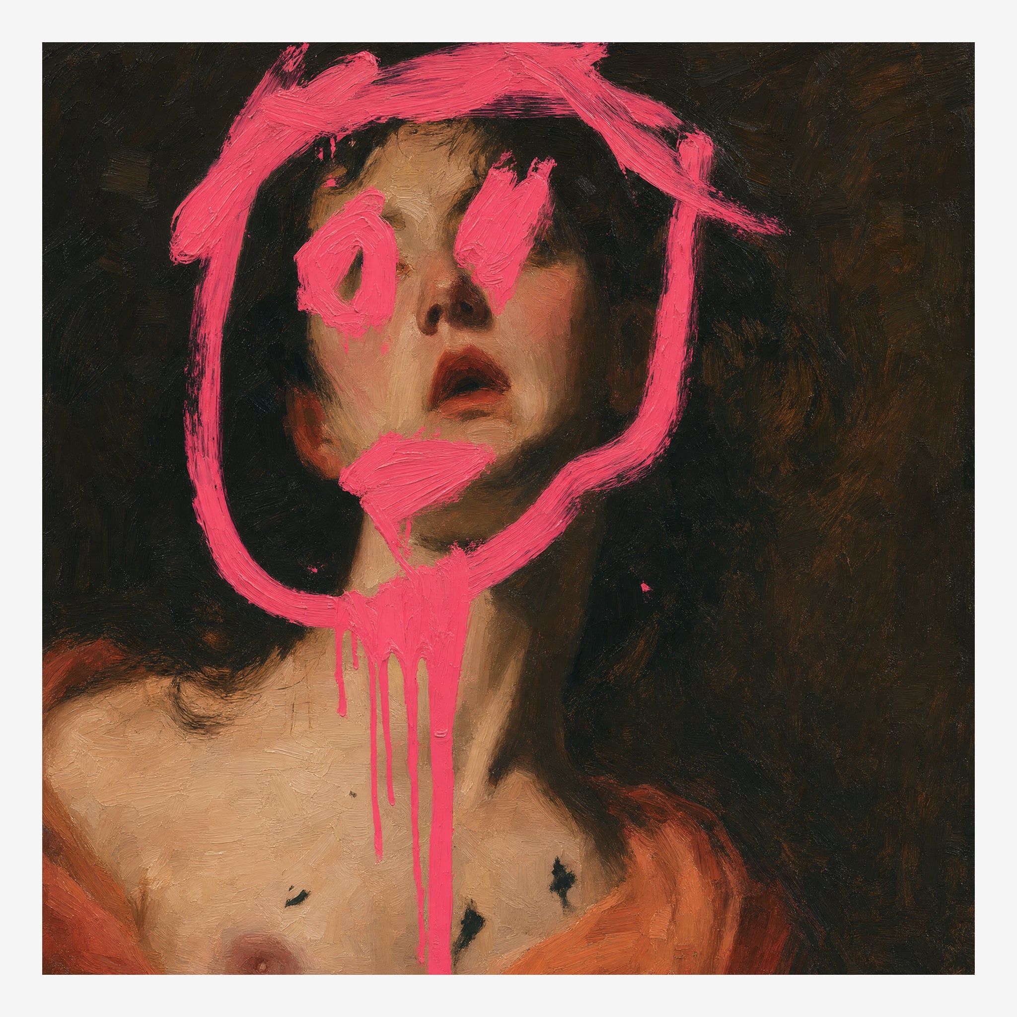 Original portrait painting, a classical face under a raw pink scrawl with paint running down Main image