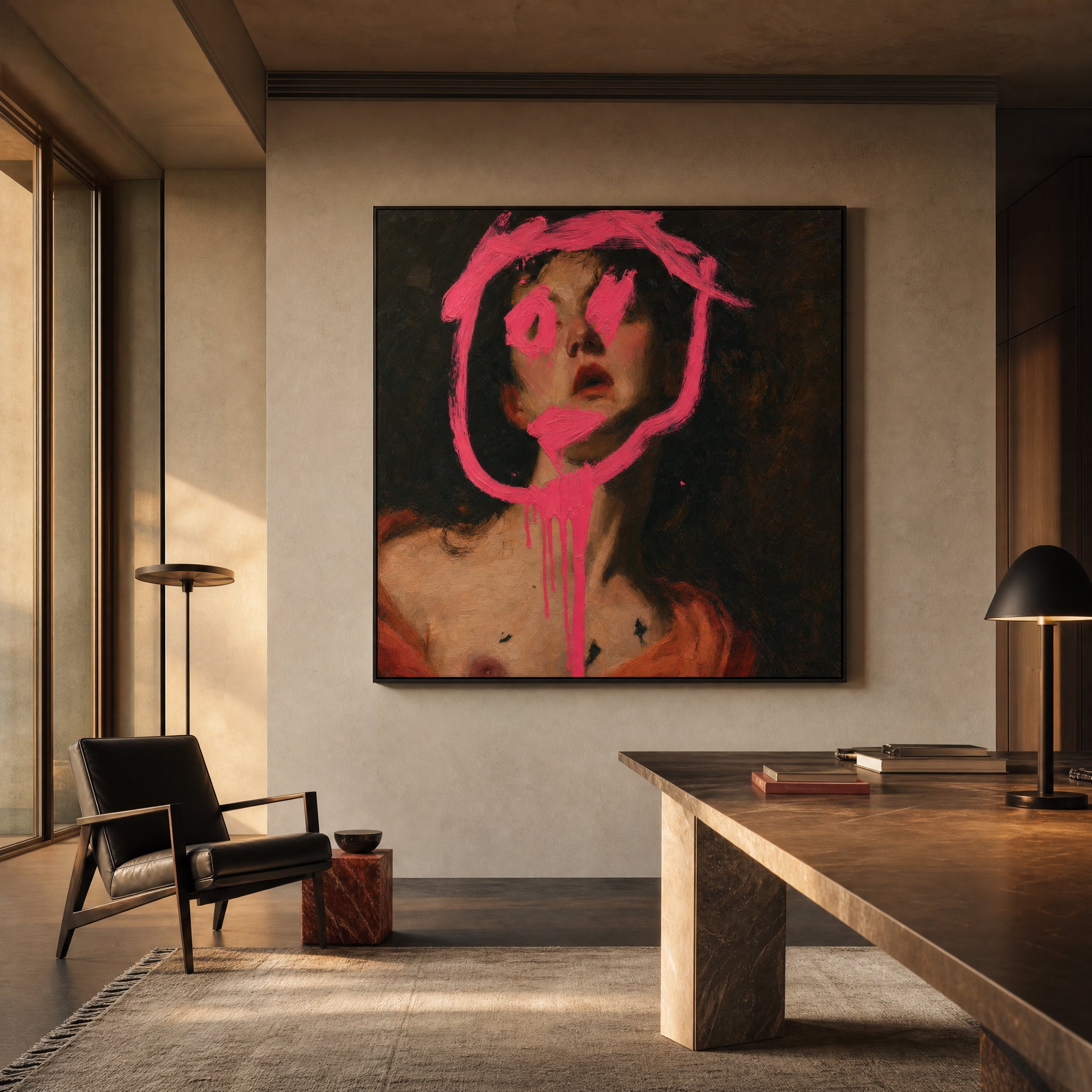 Large original portrait painting filling a wall in a styled interior
