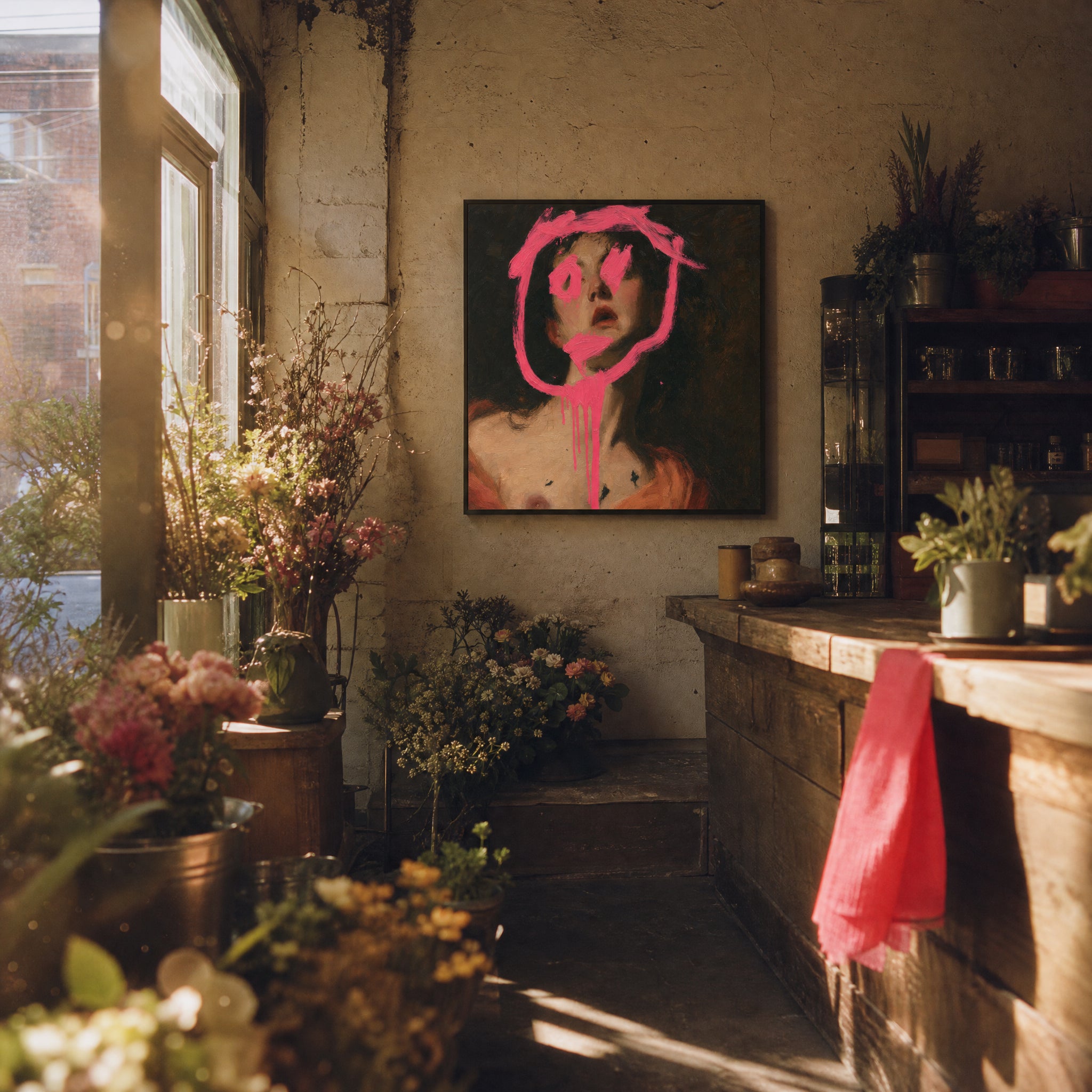Small original portrait painting hanging in a styled interior