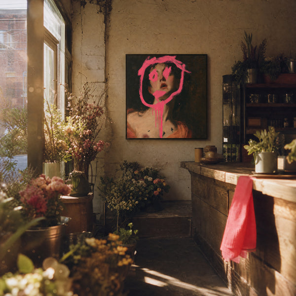 Small original portrait painting hanging in a styled interior