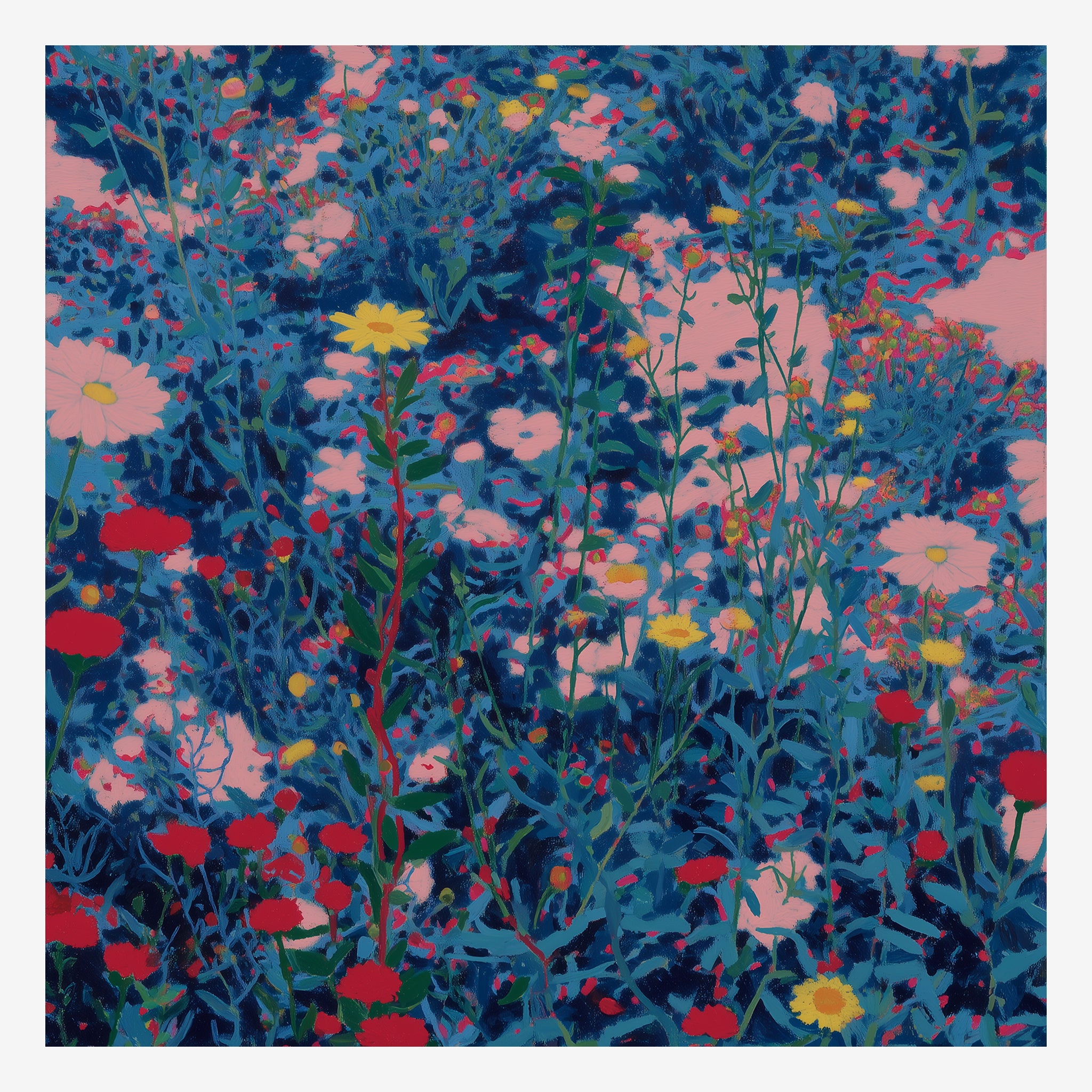 Original wildflower meadow painting, pink daisies and red poppies across a deep blue tangle