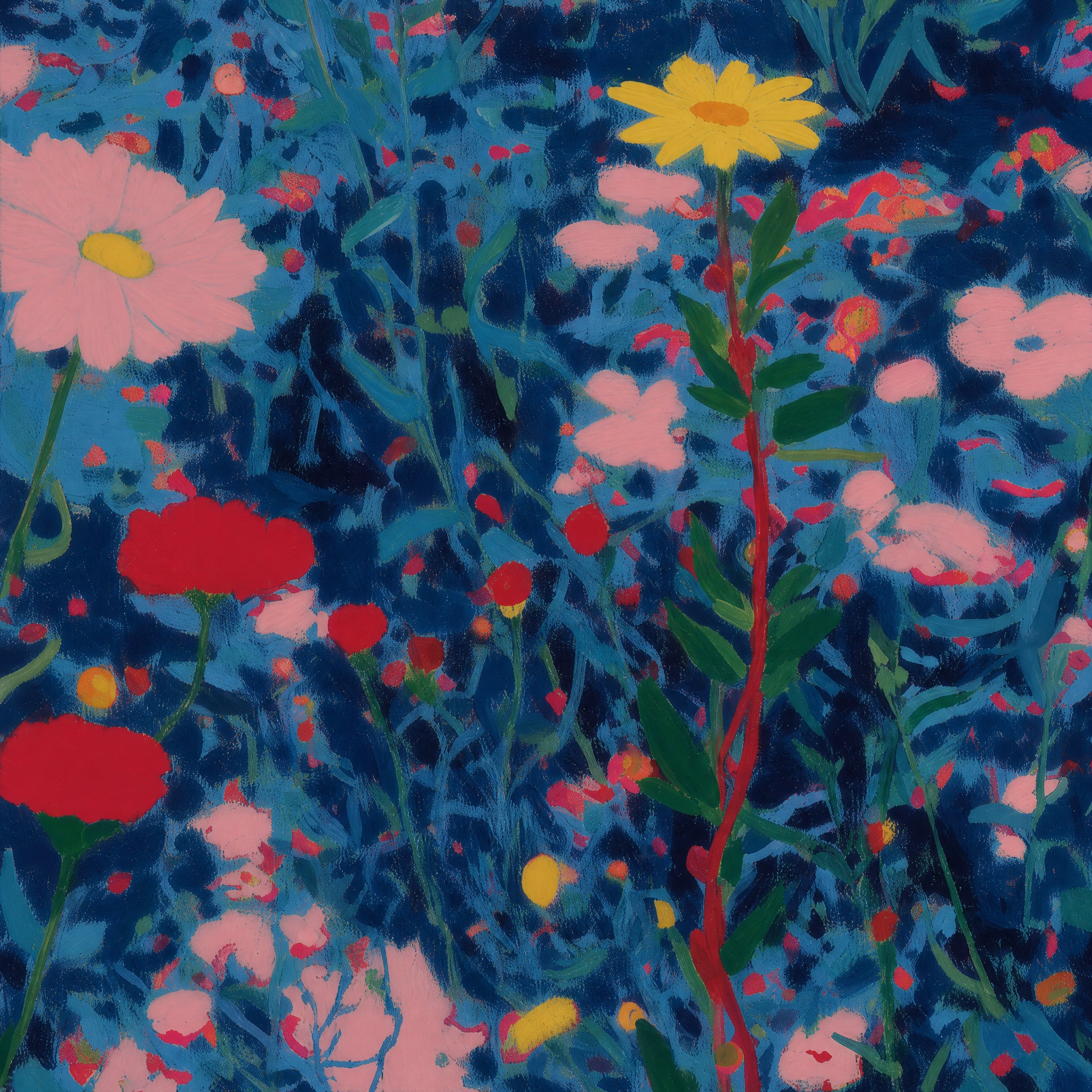 Close detail of the brushwork and paint texture on June Wildflowers