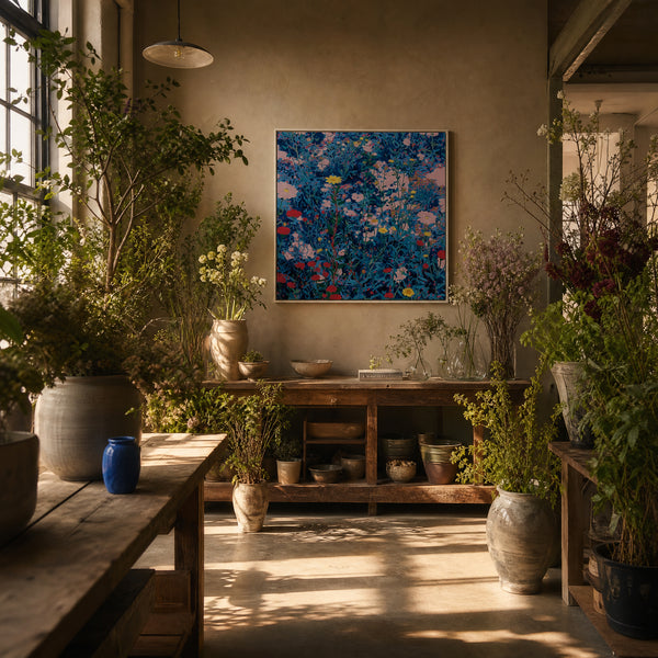 Medium original wildflower meadow painting on the wall of a styled room