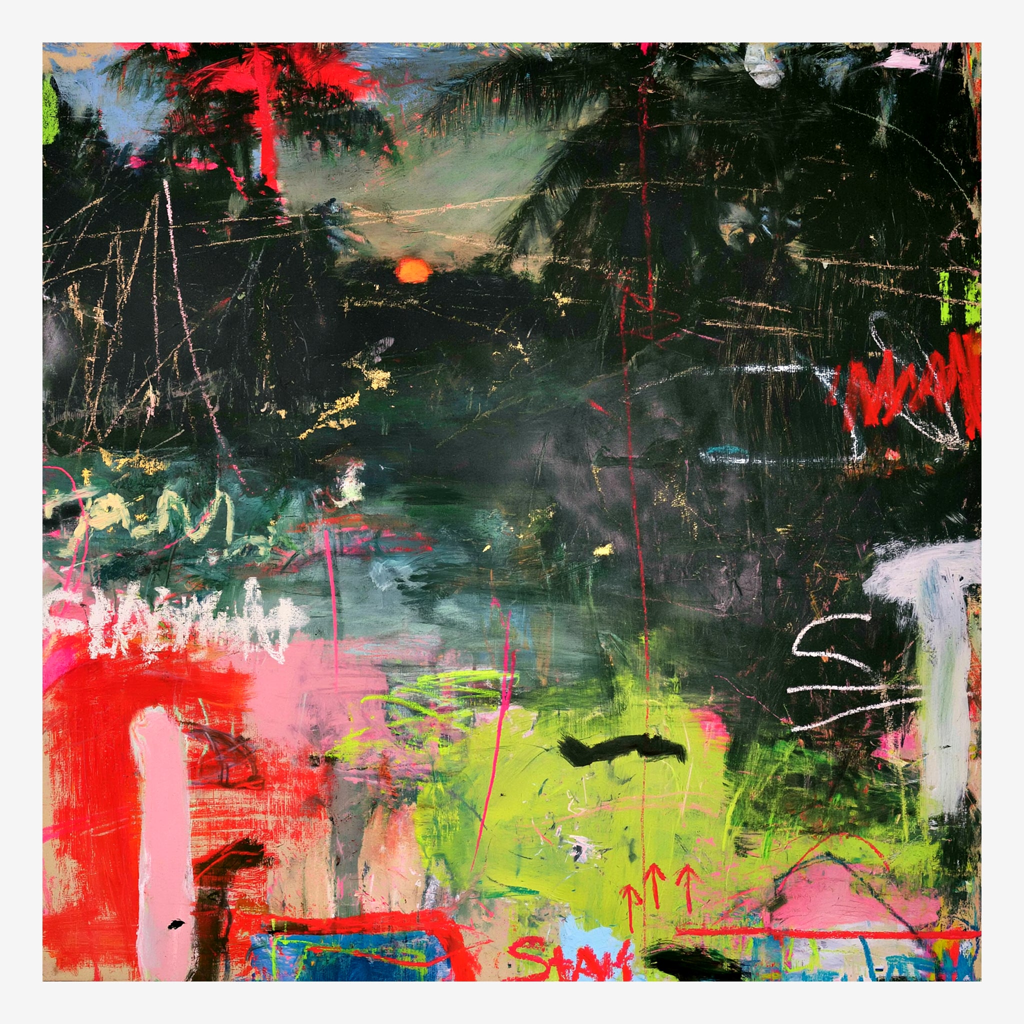 Original tropical abstract painting, hot red and acid green against black jungle at sundown Main image