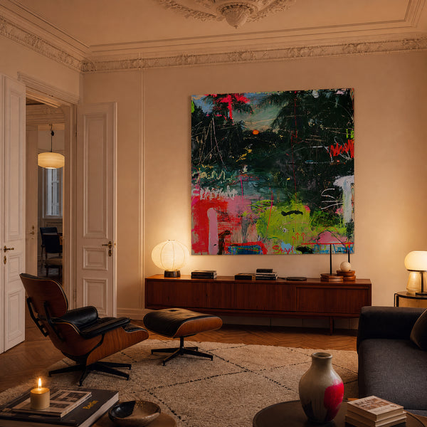 Medium original tropical abstract painting on the wall of a styled room