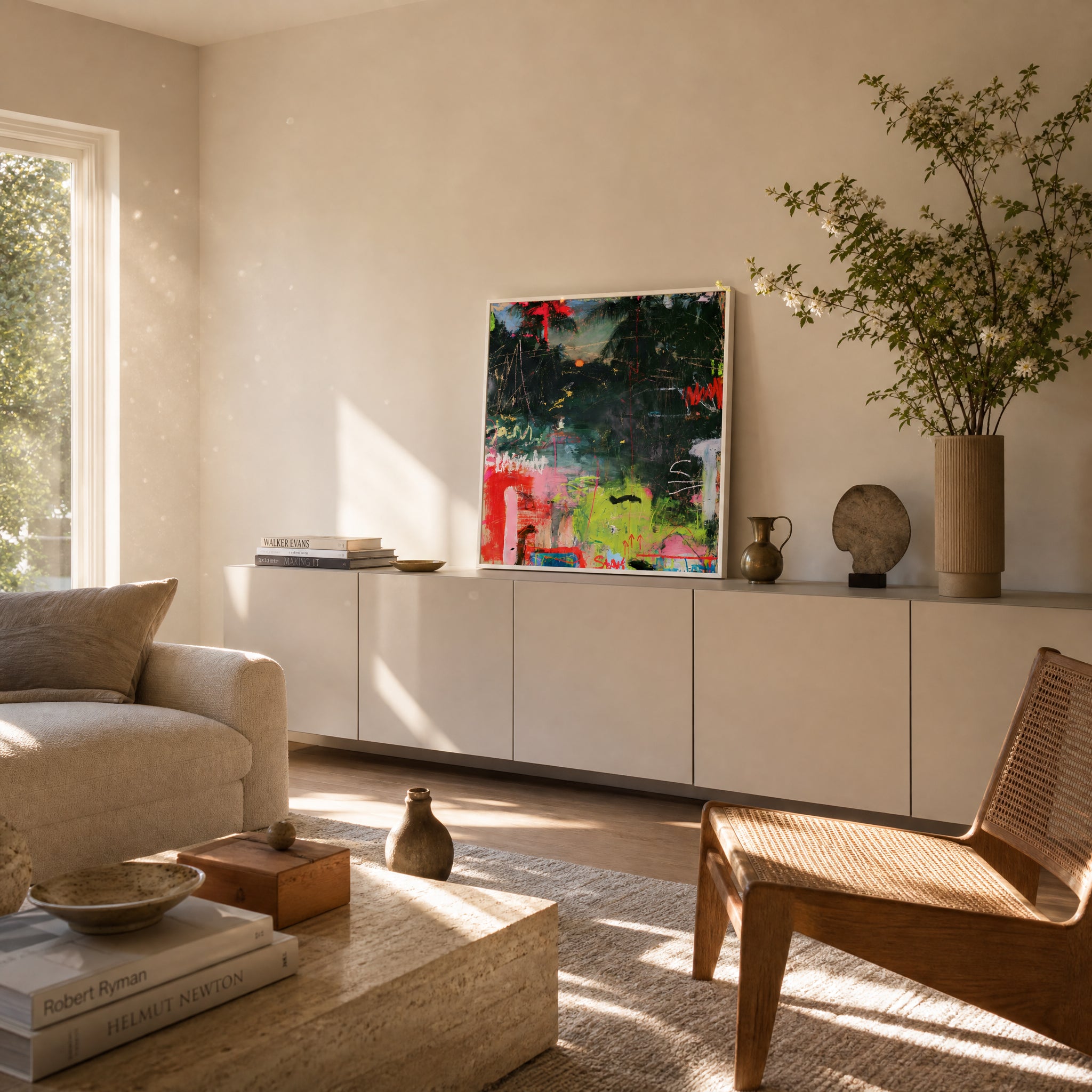 Small original tropical abstract painting hanging in a styled interior