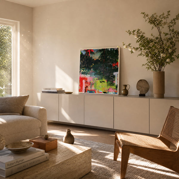 Small original tropical abstract painting hanging in a styled interior
