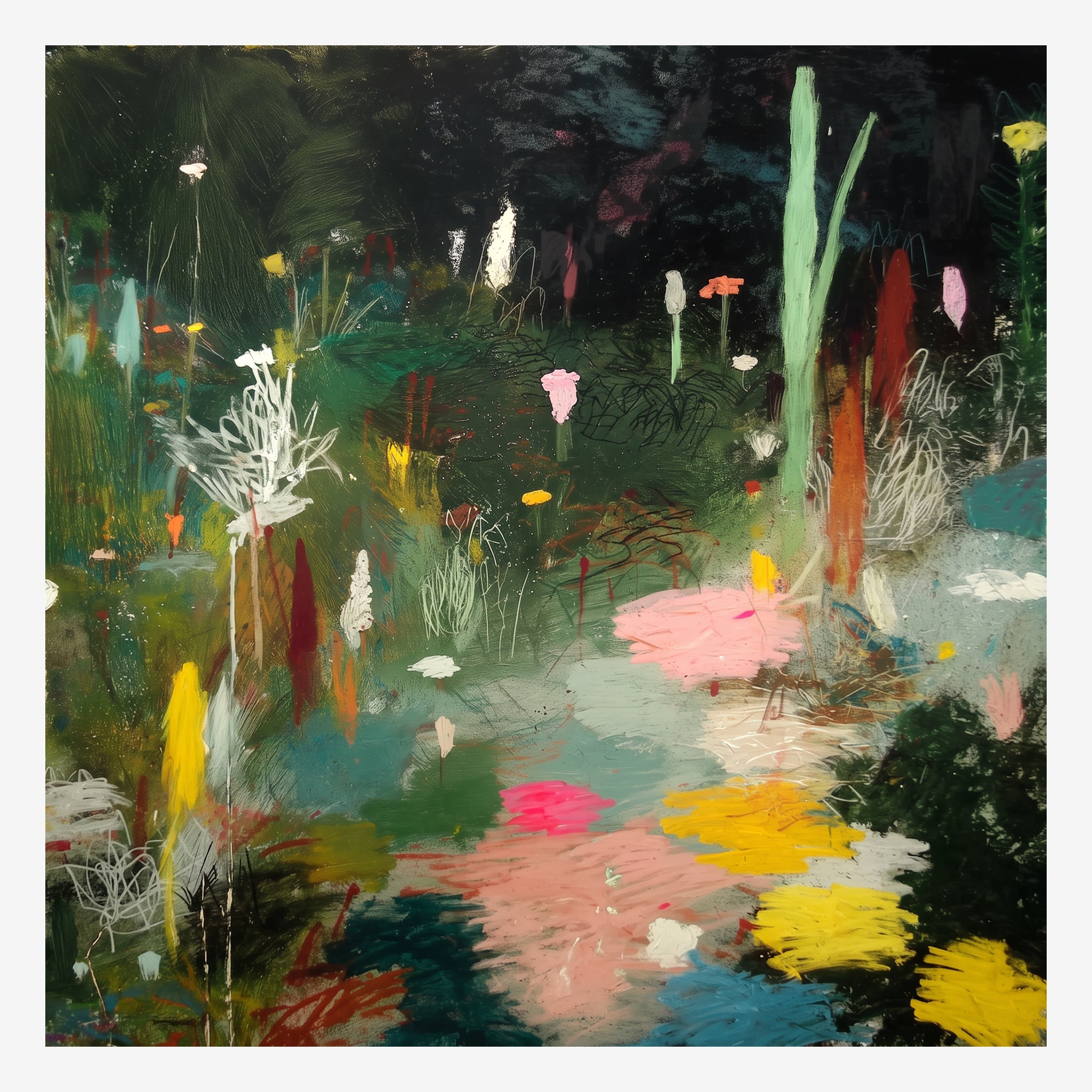 Original autumn garden painting, scribbled flowers and a pink lit pond under closing dark green