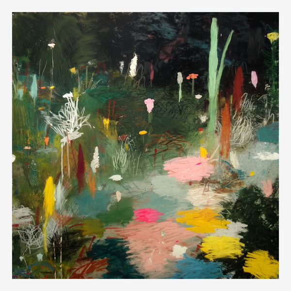 Original autumn garden painting, scribbled flowers and a pink lit pond under closing dark green