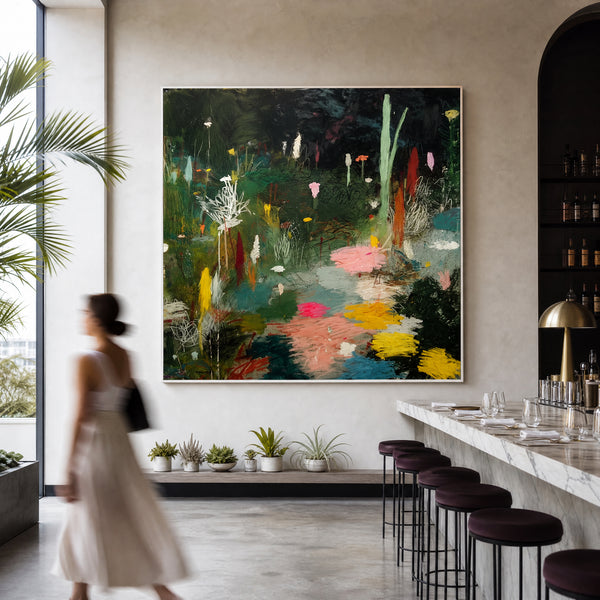Large original autumn garden painting filling a wall in a styled interior