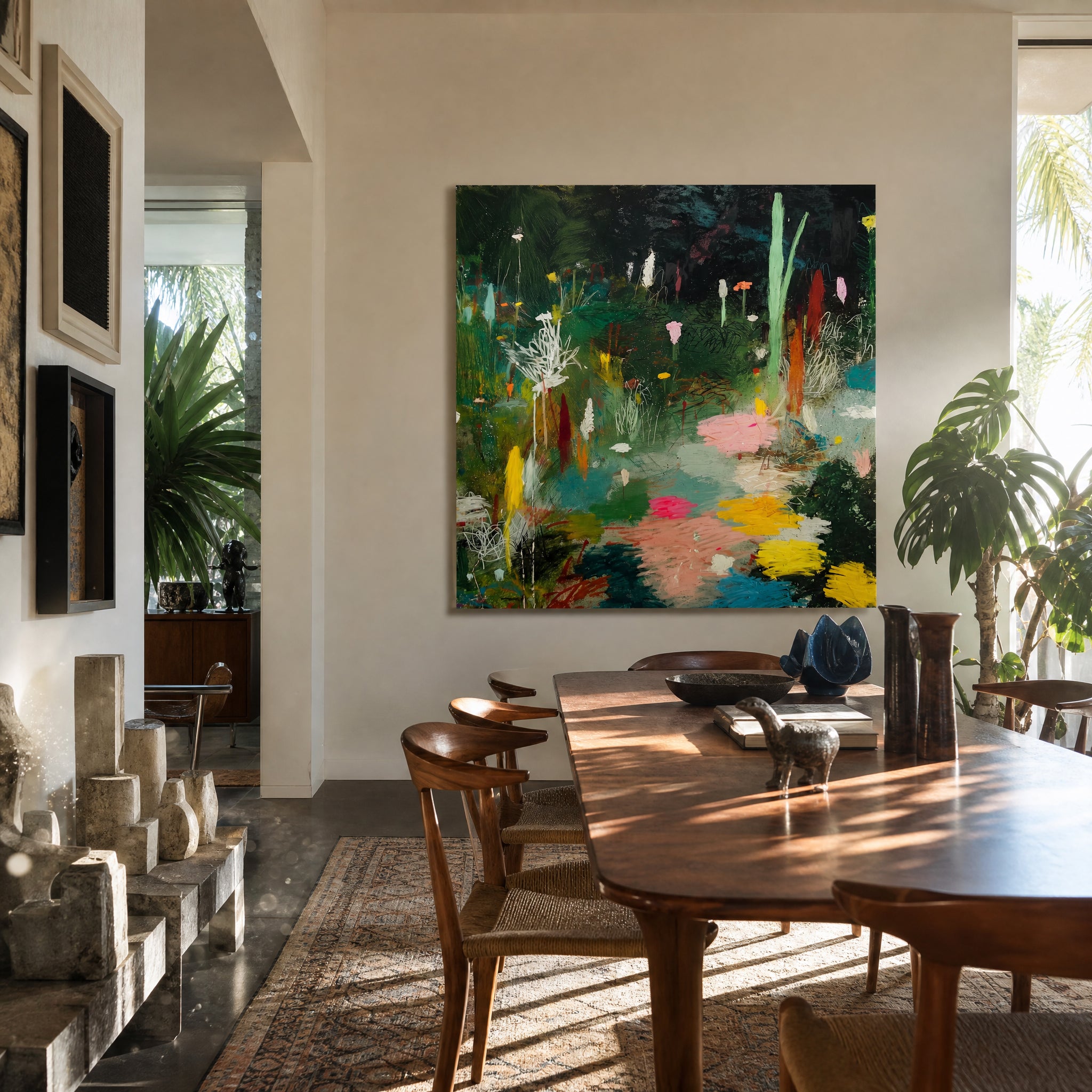 Medium original autumn garden painting on the wall of a styled room