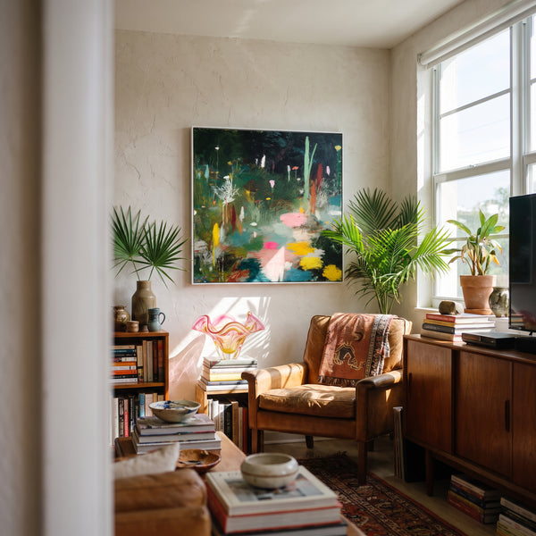Small original autumn garden painting hanging in a styled interior