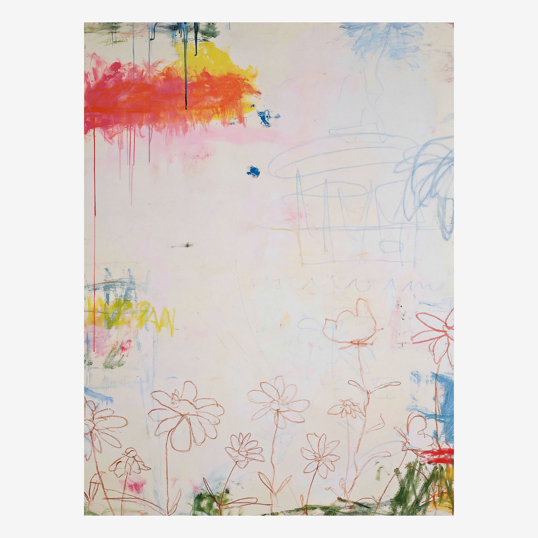 Original floral abstract painting, crayon flowers and a sketched bandstand under pink and orange Main image