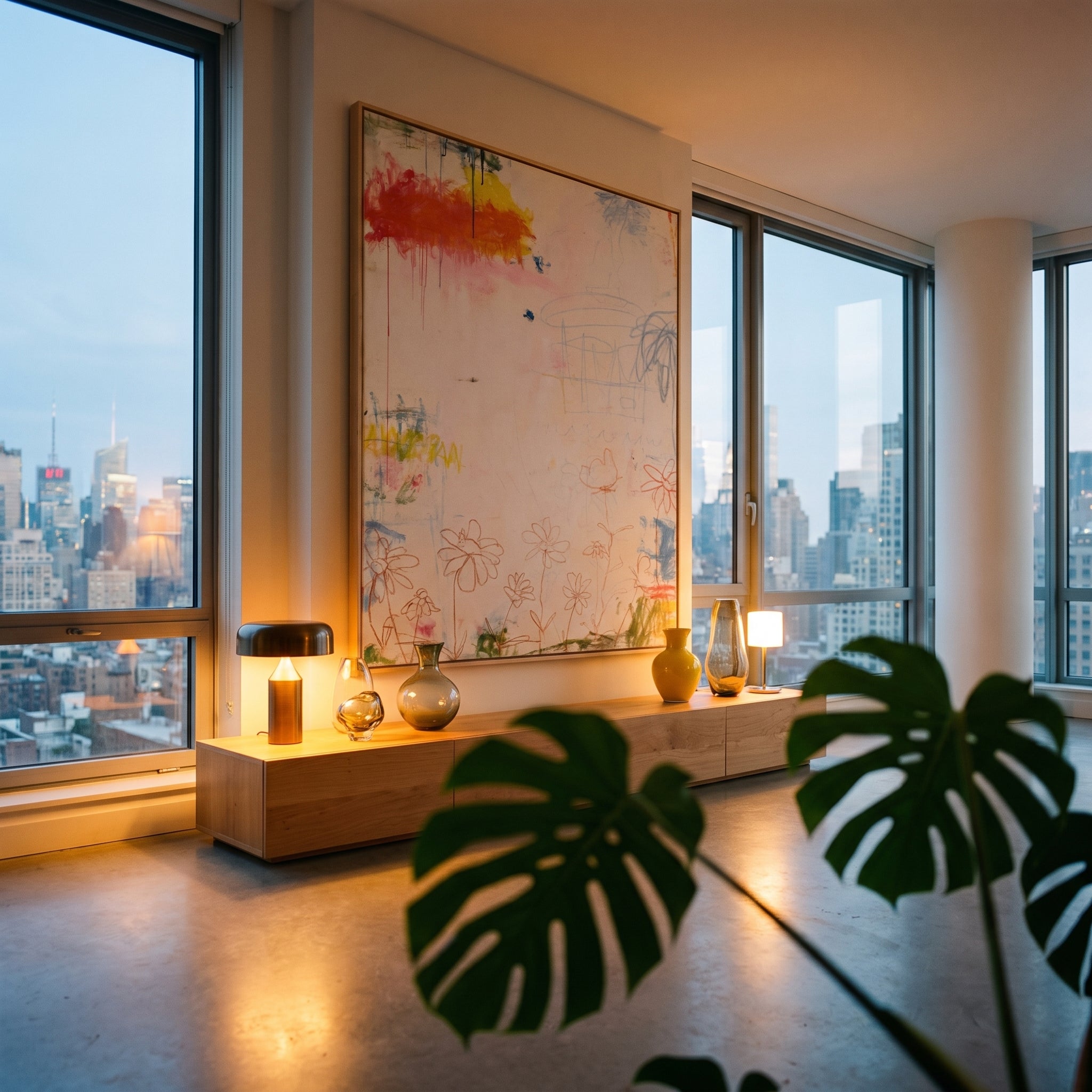 Large original floral abstract painting filling a wall in a styled interior