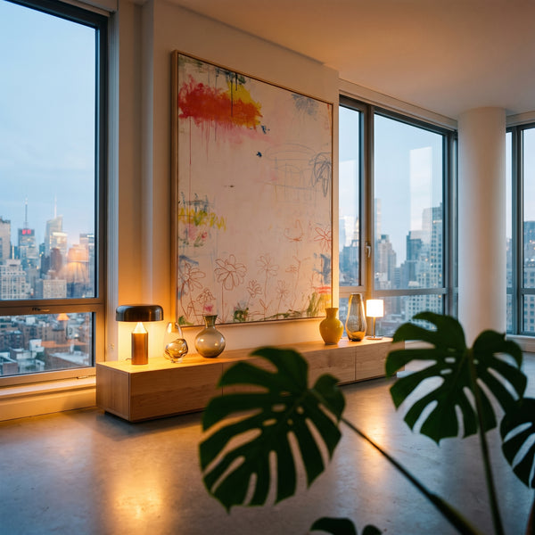 Large original floral abstract painting filling a wall in a styled interior