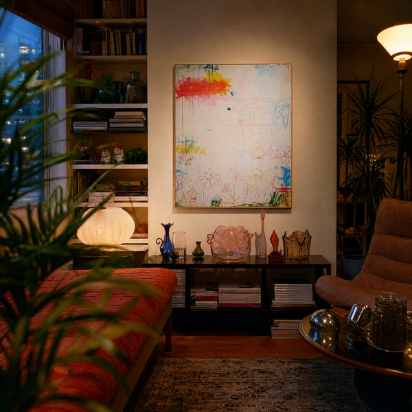 Small original floral abstract painting hanging in a styled interior