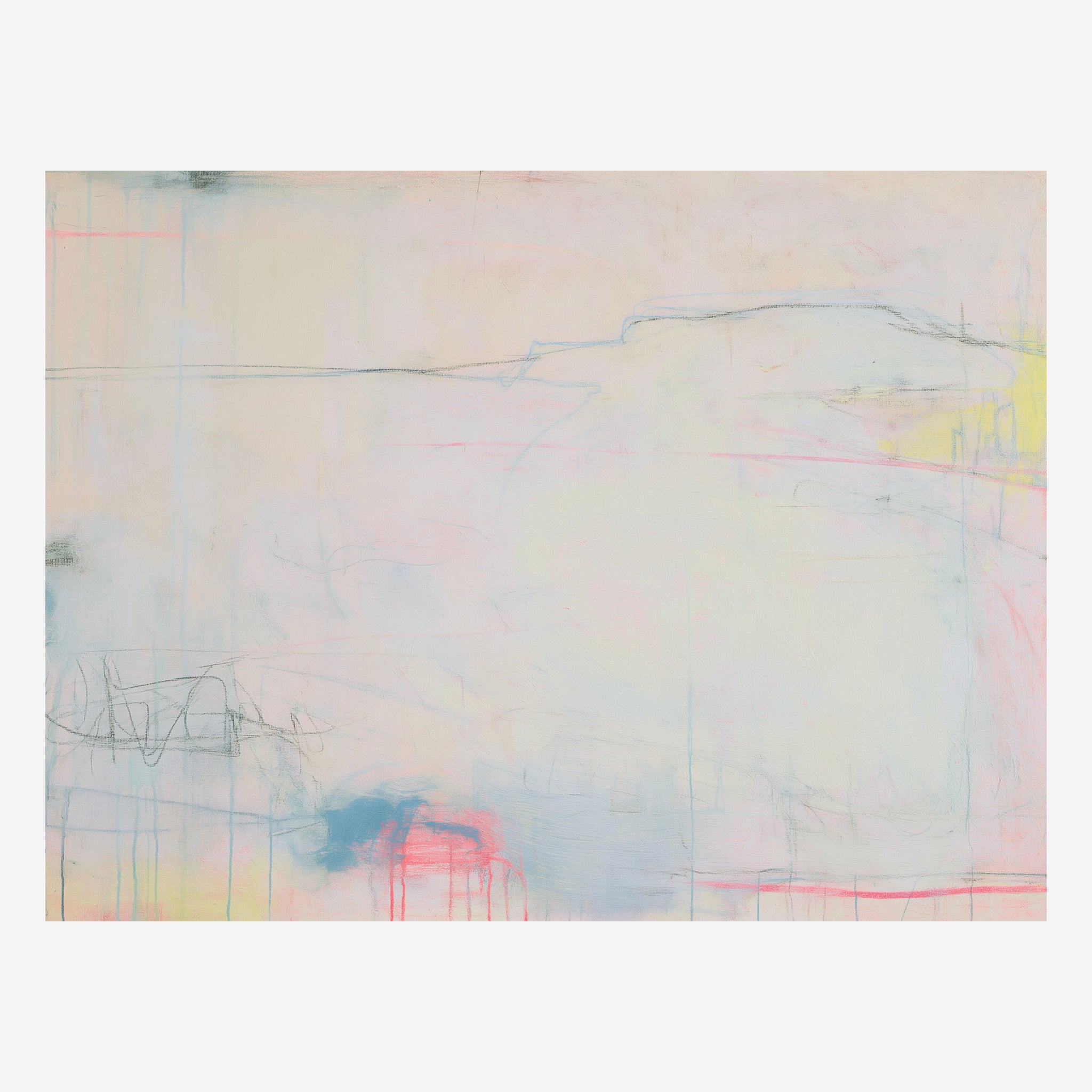 Original minimal abstract painting, pale blue landform on cream with pink horizon lines Main image