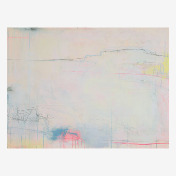 Original minimal abstract painting, pale blue landform on cream with pink horizon lines