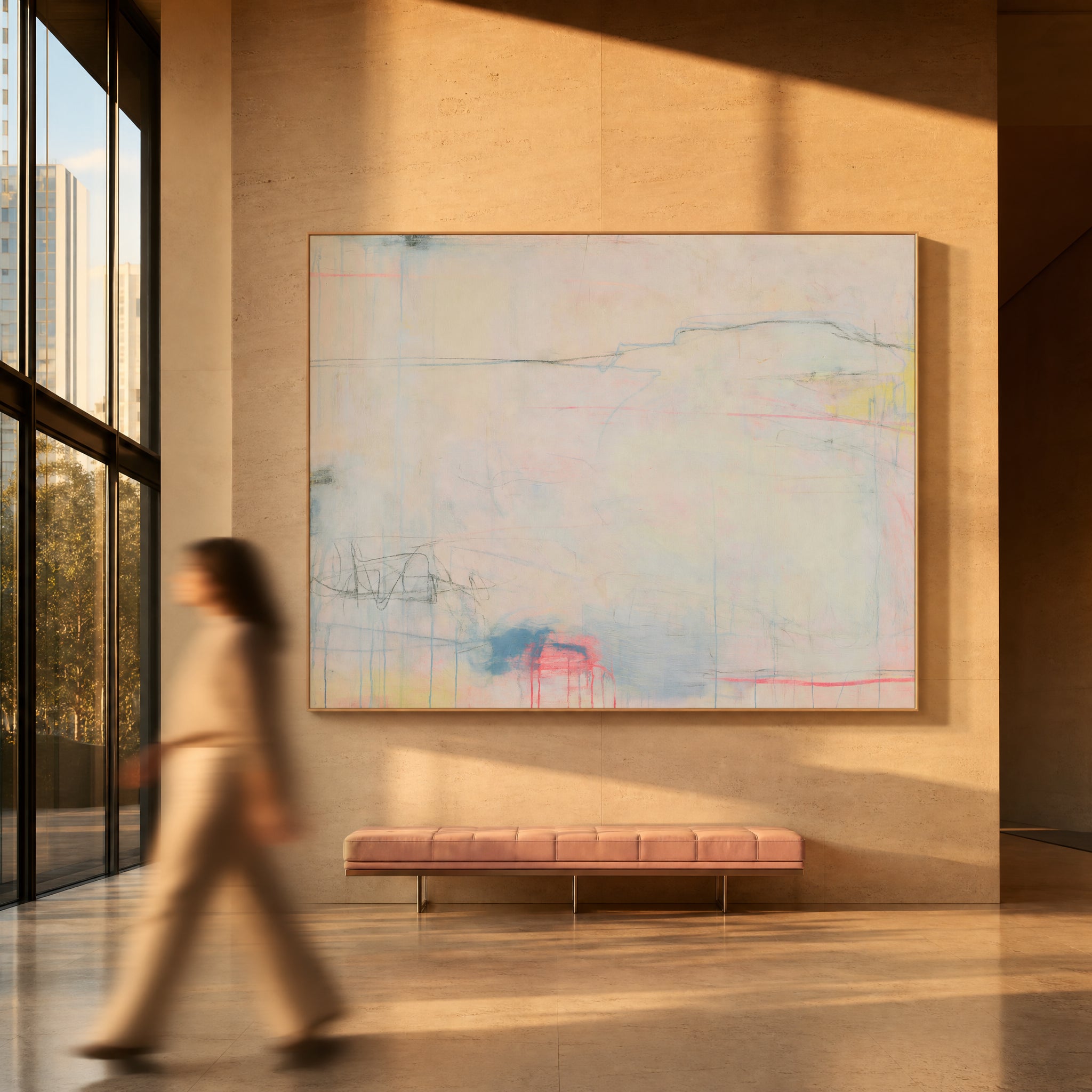 Large original minimal abstract painting filling a wall in a styled interior