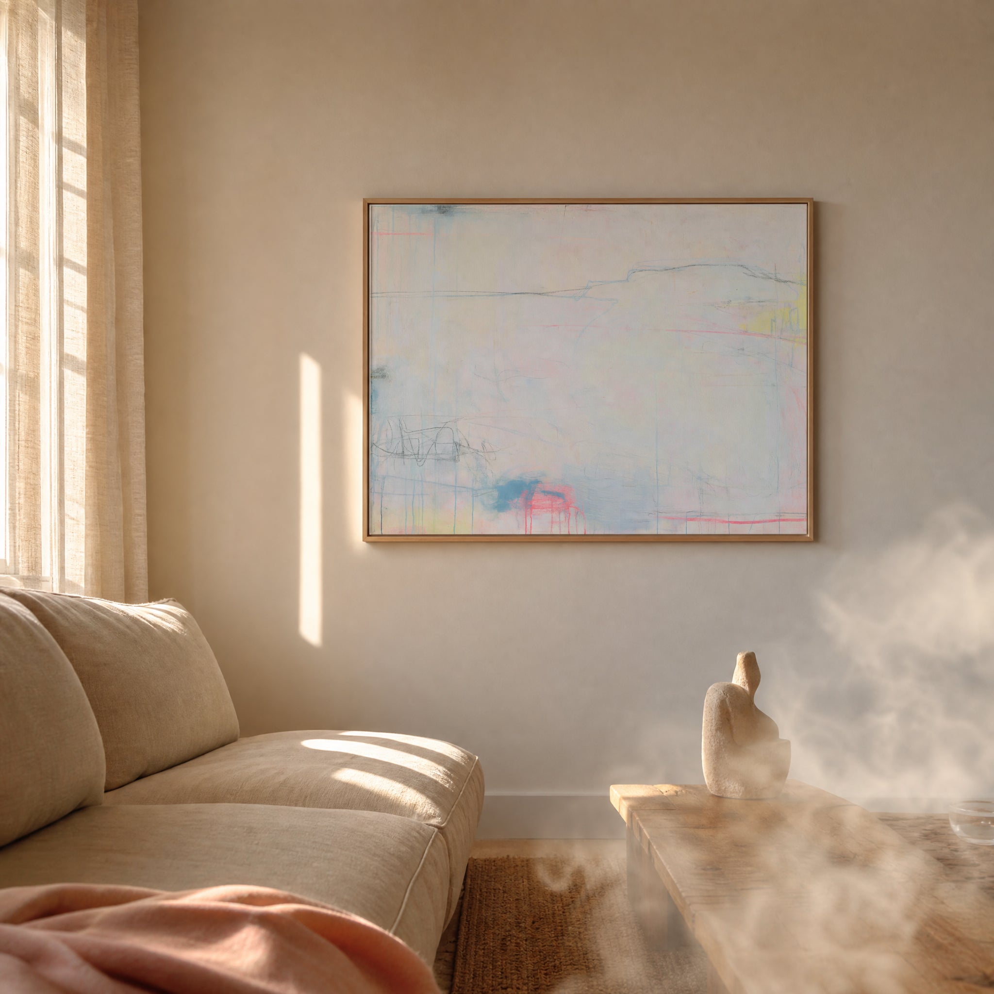 Small original minimal abstract painting hanging in a styled interior
