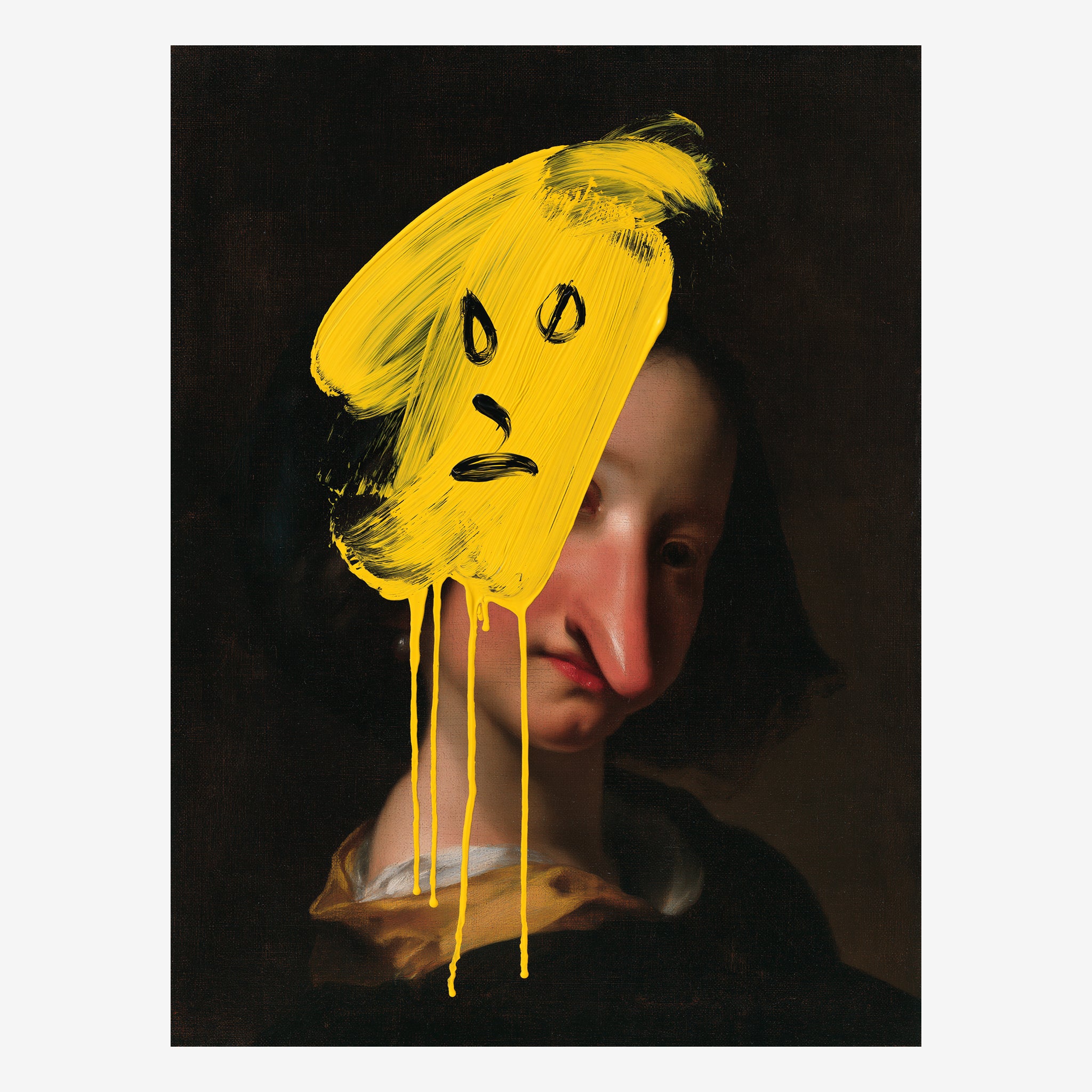 Original portrait painting, an old master's face half covered by a dripping yellow cartoon Main image
