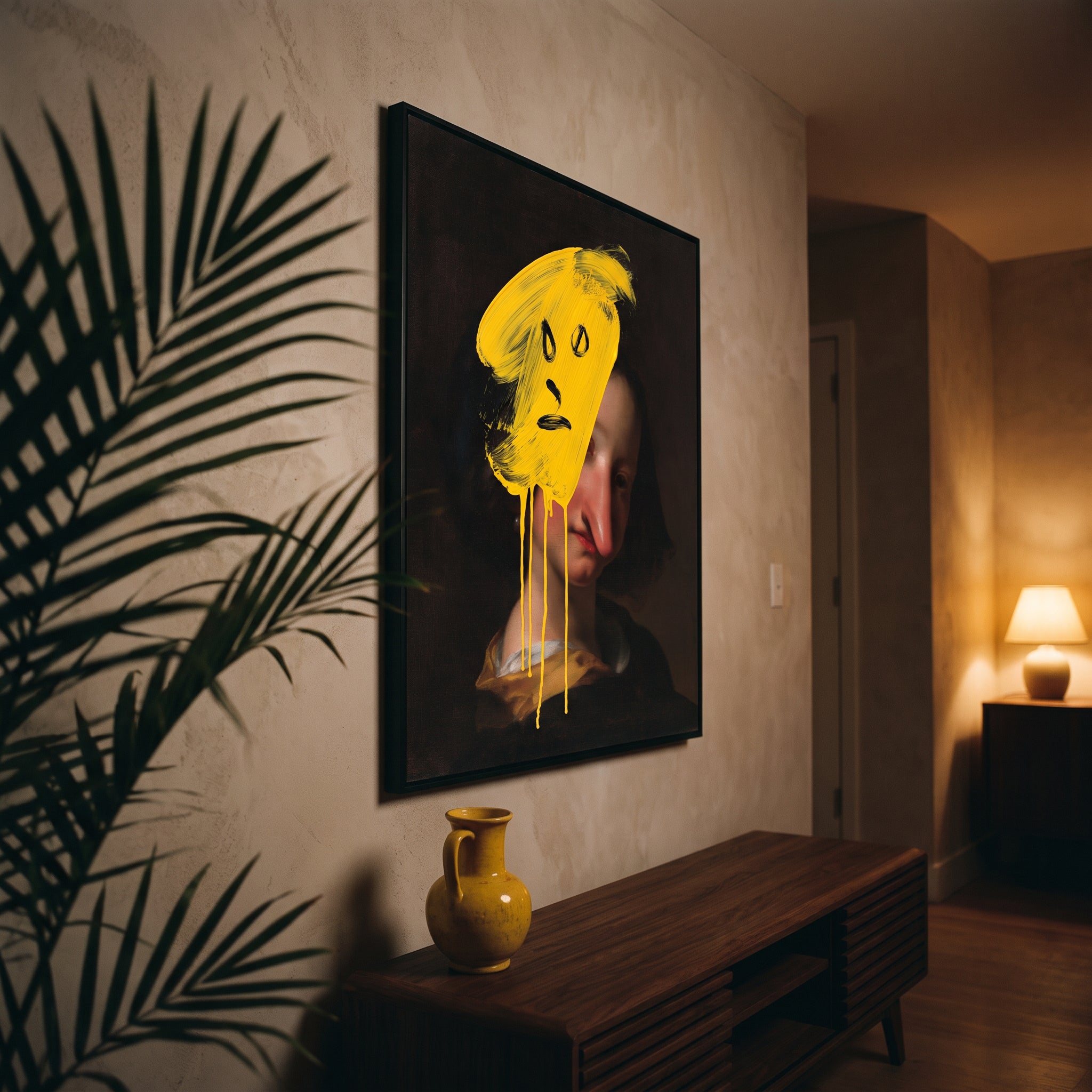Medium original portrait painting on the wall of a styled room