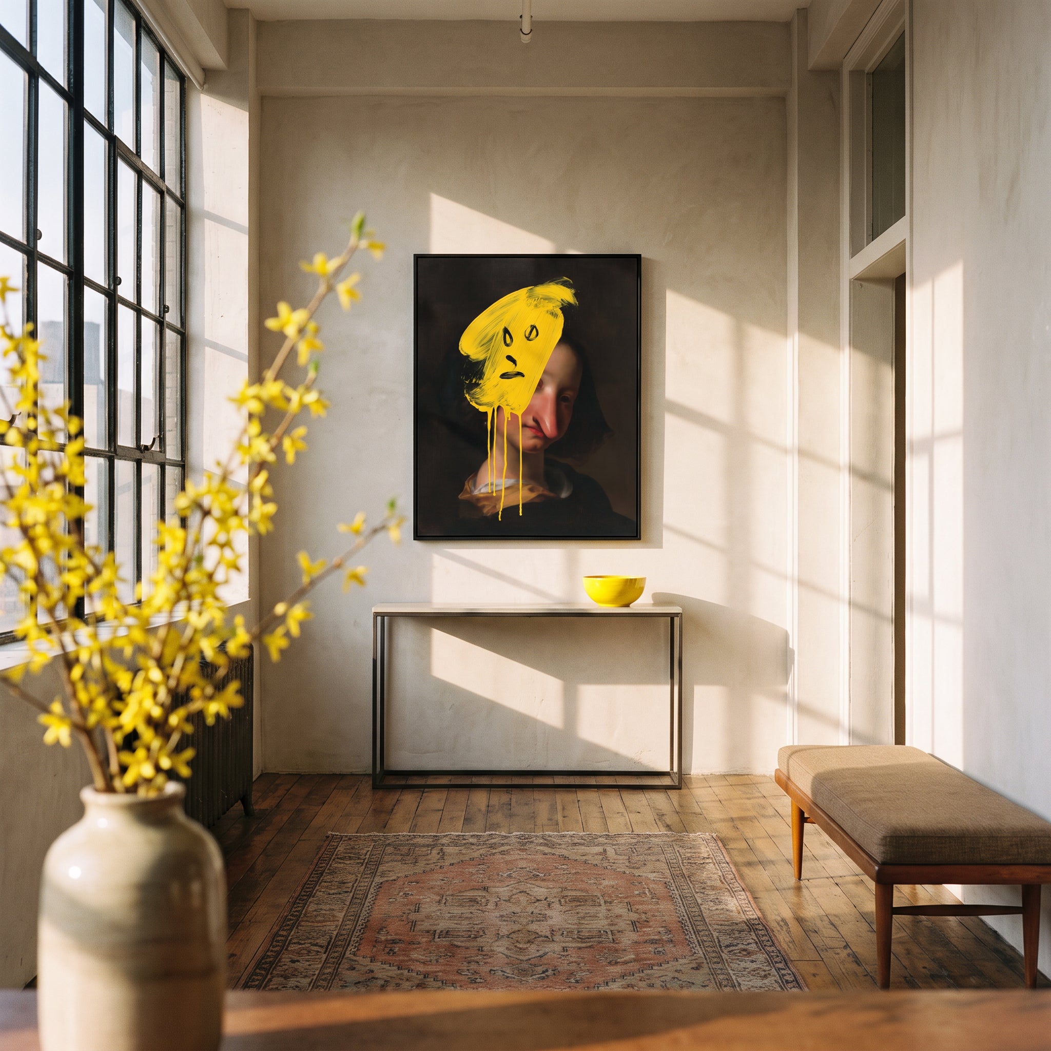 Small original portrait painting hanging in a styled interior