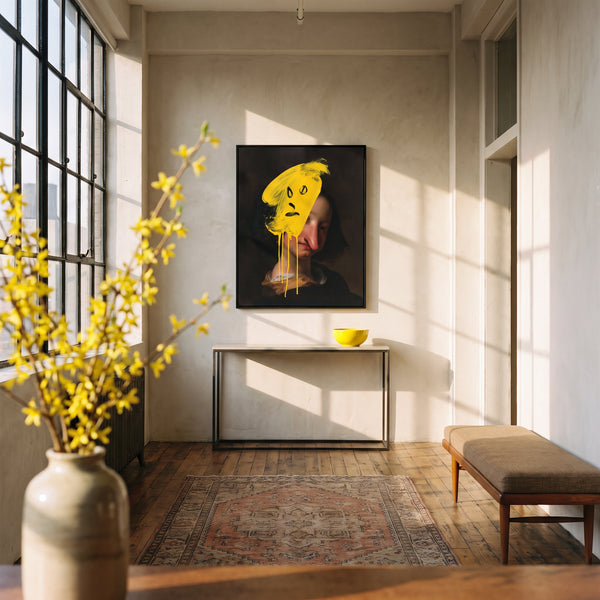 Small original portrait painting hanging in a styled interior