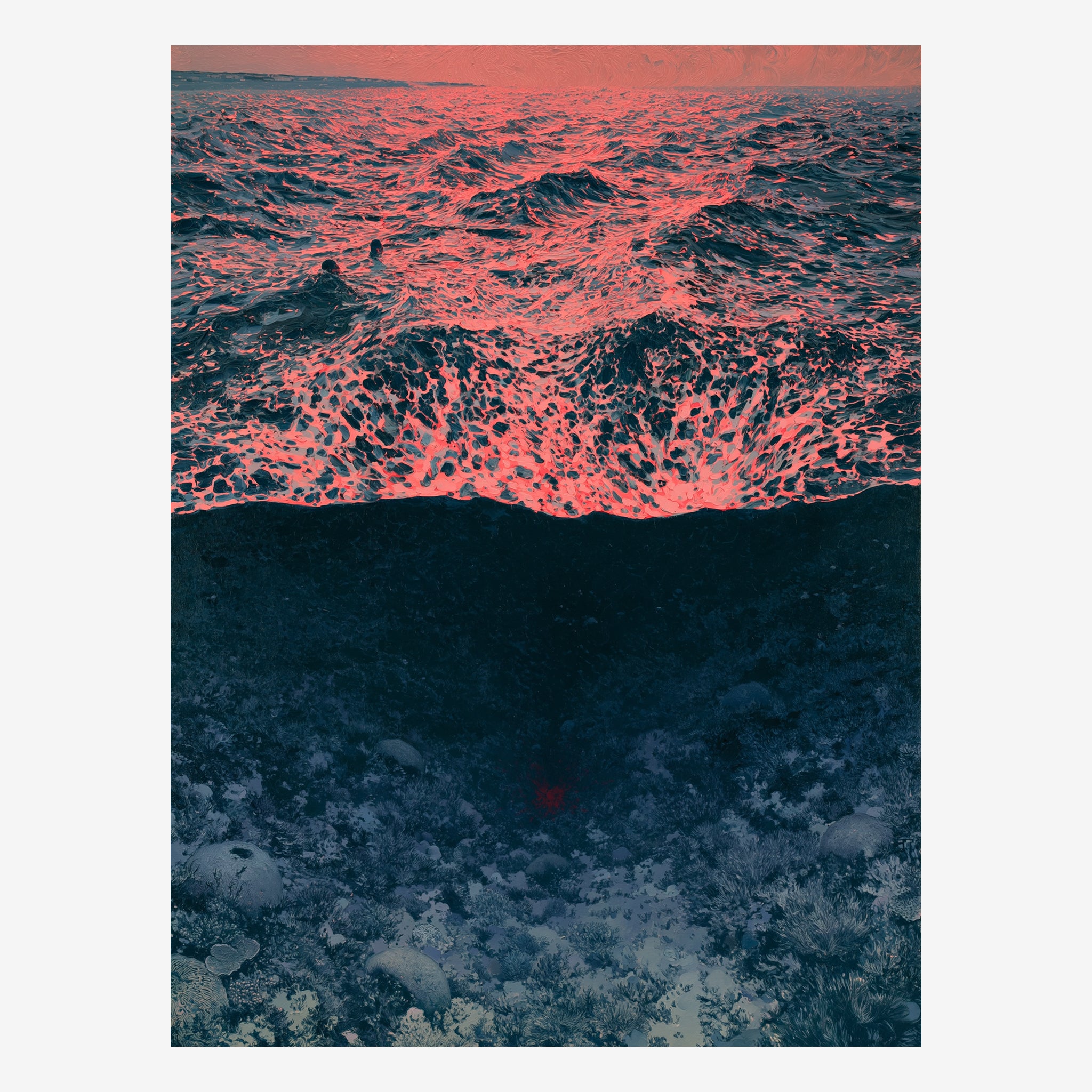 Original ocean seascape painting, two swimmers in coral light above deep dark water Main image