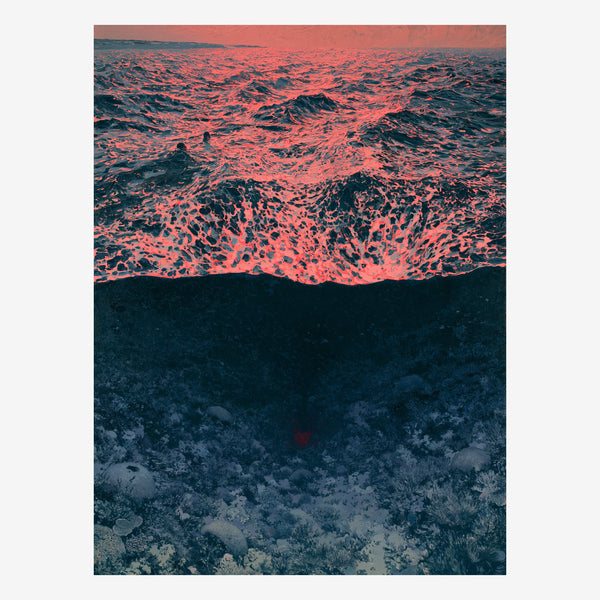 Original ocean seascape painting, two swimmers in coral light above deep dark water