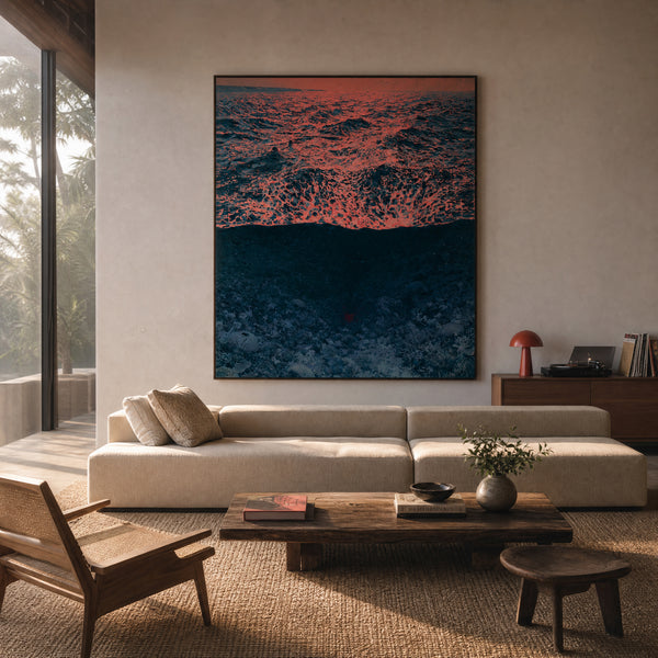 Large original ocean seascape painting filling a wall in a styled interior