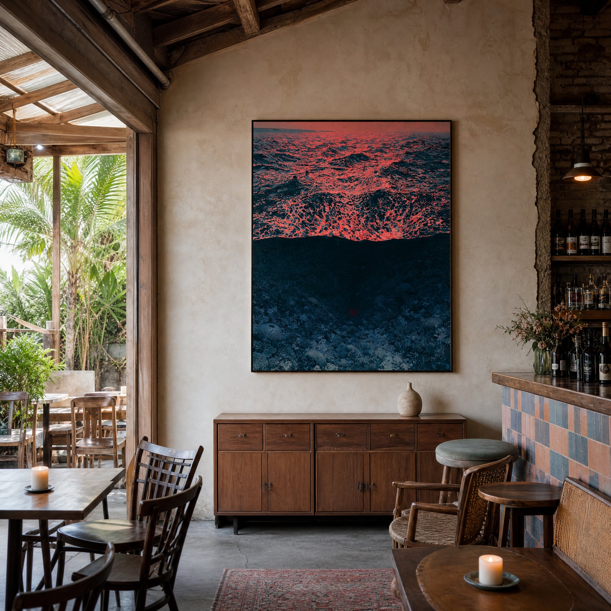 Medium original ocean seascape painting on the wall of a styled room