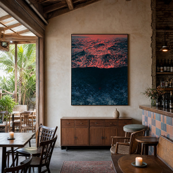 Medium original ocean seascape painting on the wall of a styled room