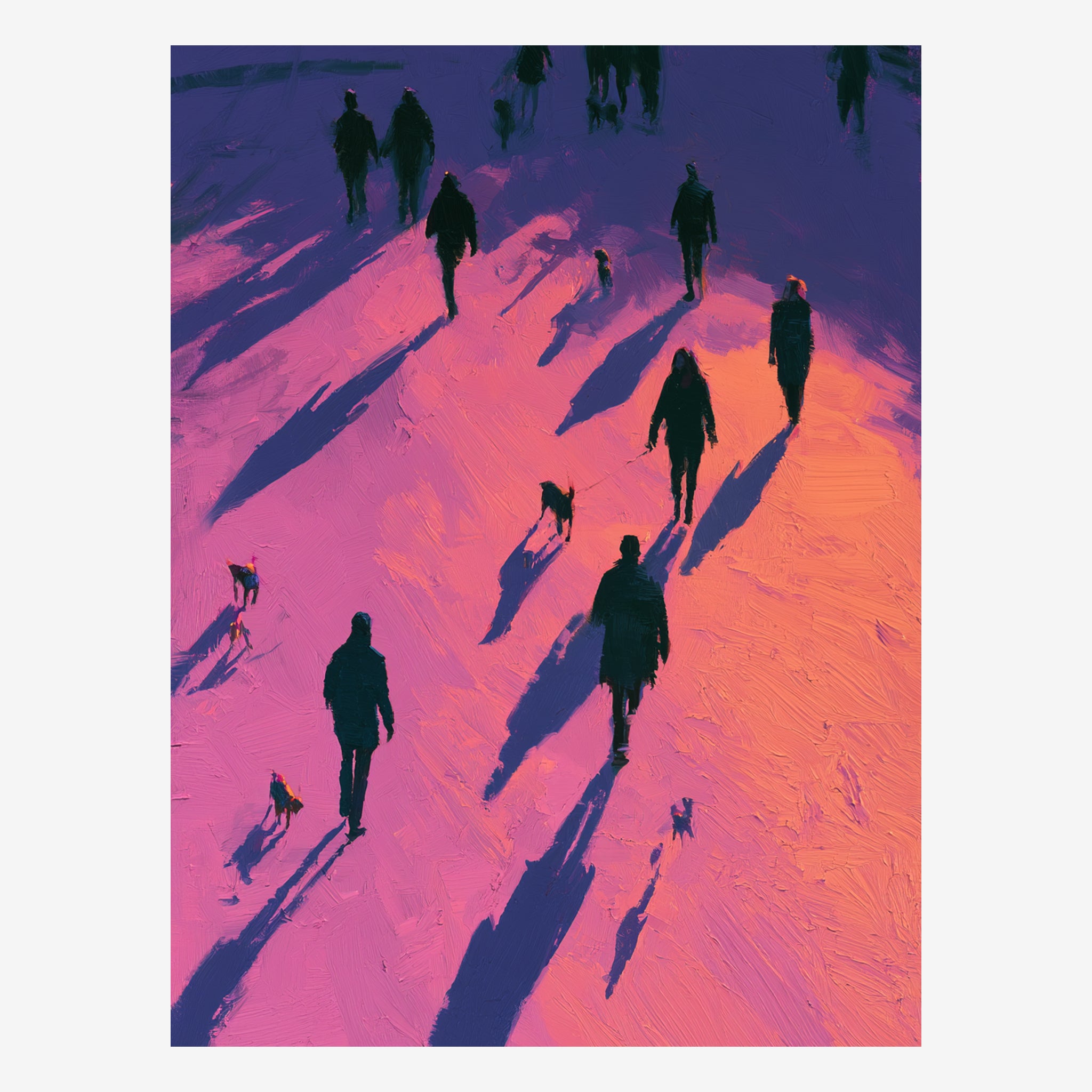Original golden hour painting, long silhouettes walking home in low orange light Main image