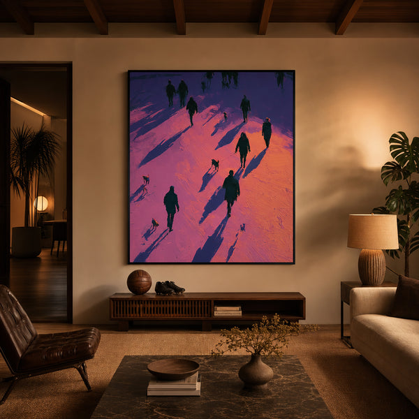 Large original golden hour painting filling a wall in a styled interior