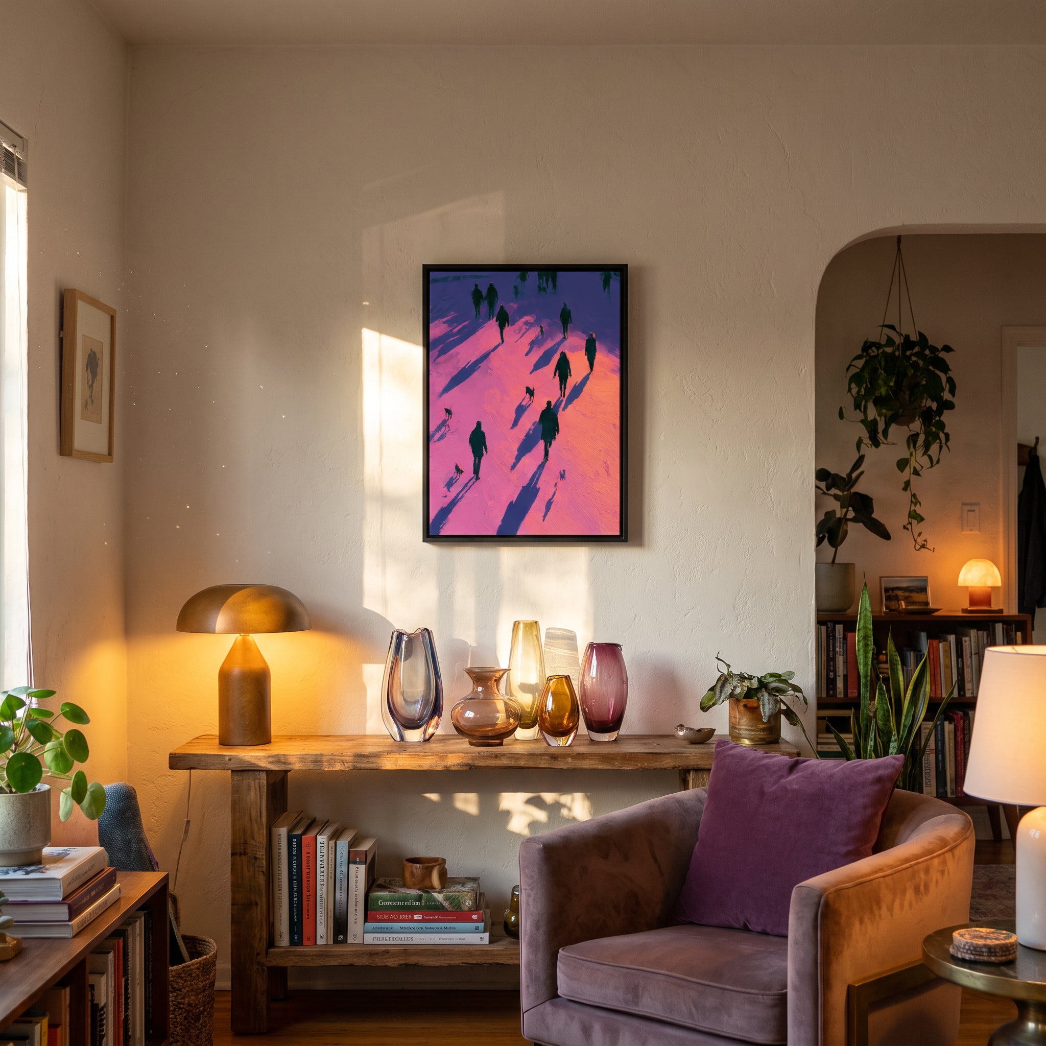 Small original golden hour painting hanging in a styled interior