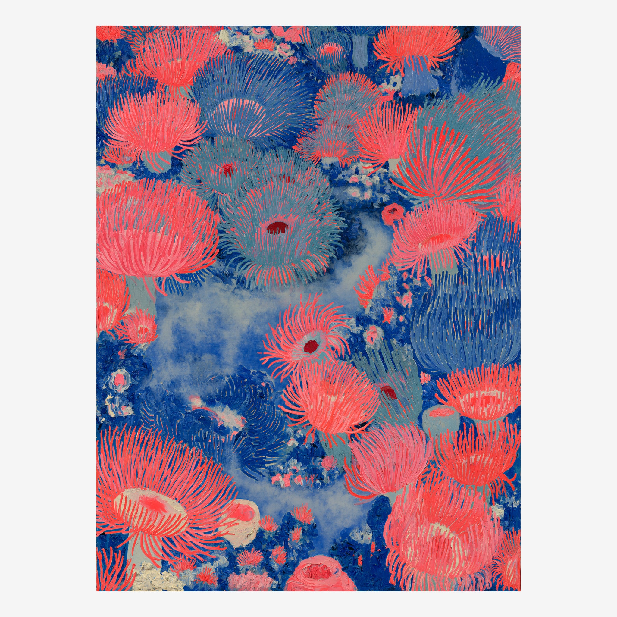 Original coral reef painting, anemones packed in coral pink and teal against deep blue Main image