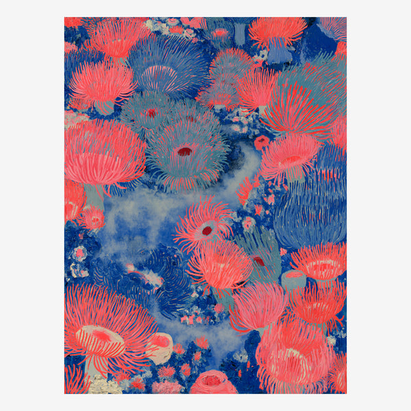 Original coral reef painting, anemones packed in coral pink and teal against deep blue