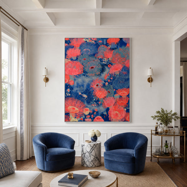 Medium original coral reef painting on the wall of a styled room