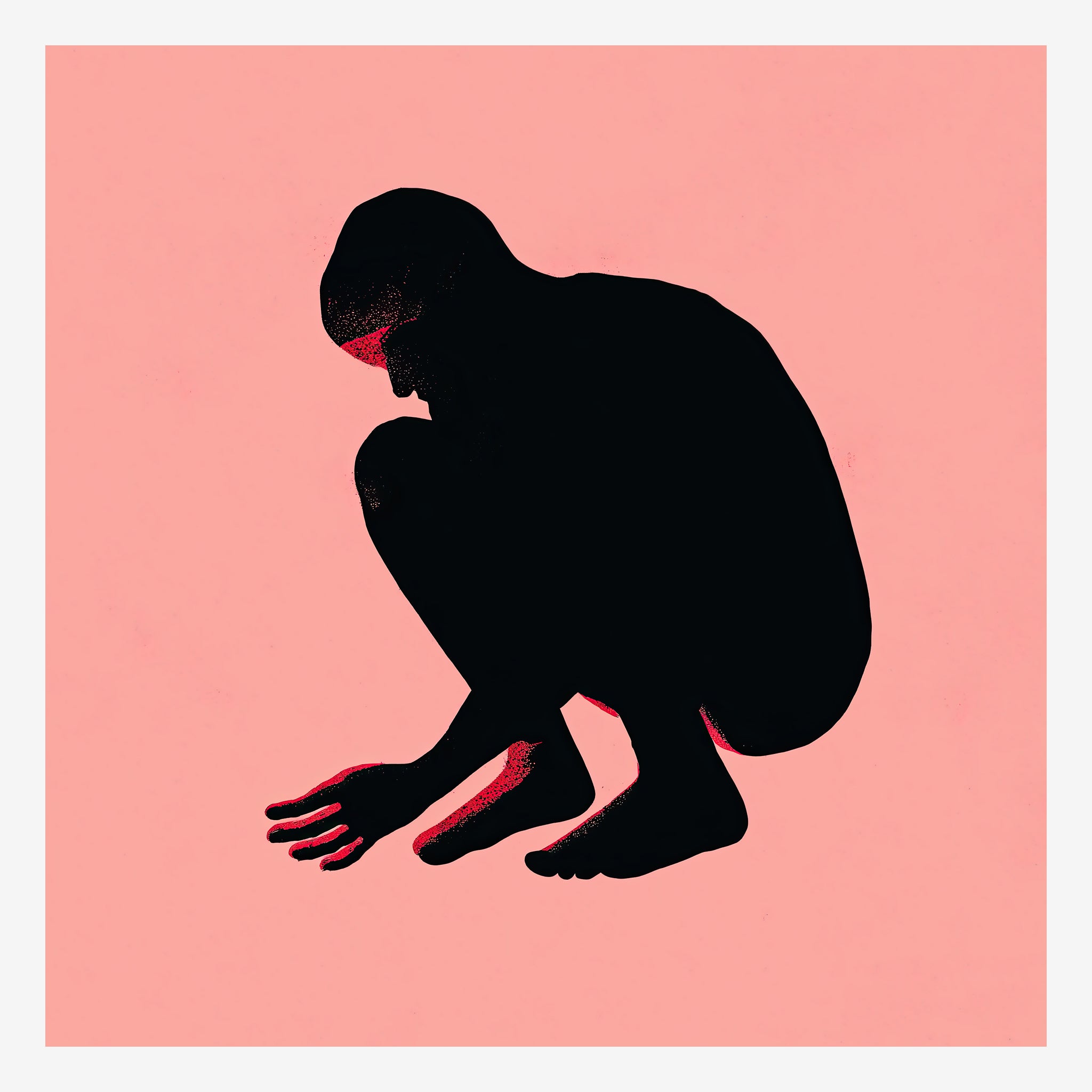 Original figurative painting, a crouching black silhouette edged in red on soft pink Main image