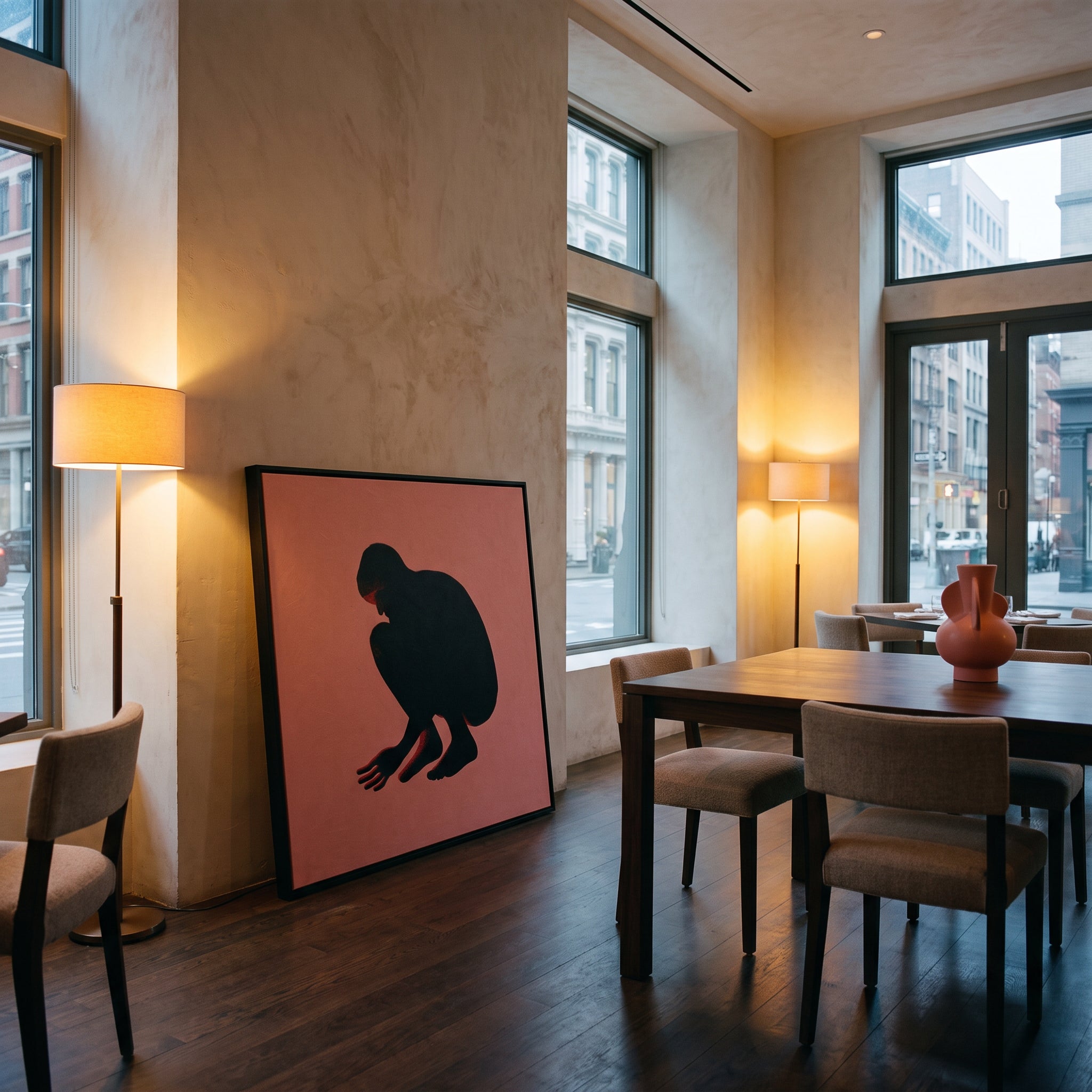 Medium original figurative painting on the wall of a styled room